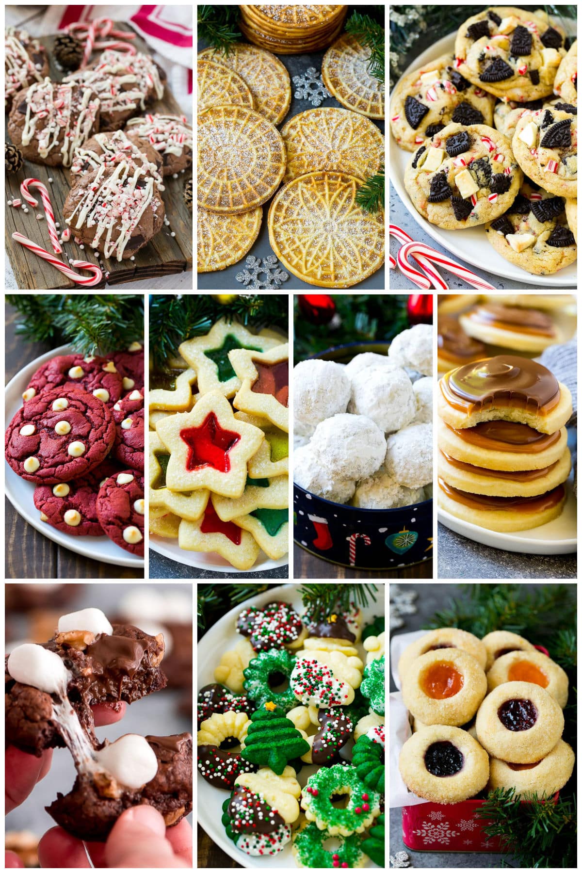 A collection of images of holiday treats including snowball. stained glass and thumbprint baked desserts.