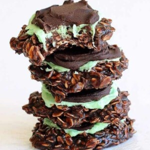 An image of a stack of fudgy mint chocolate no bake cookies.