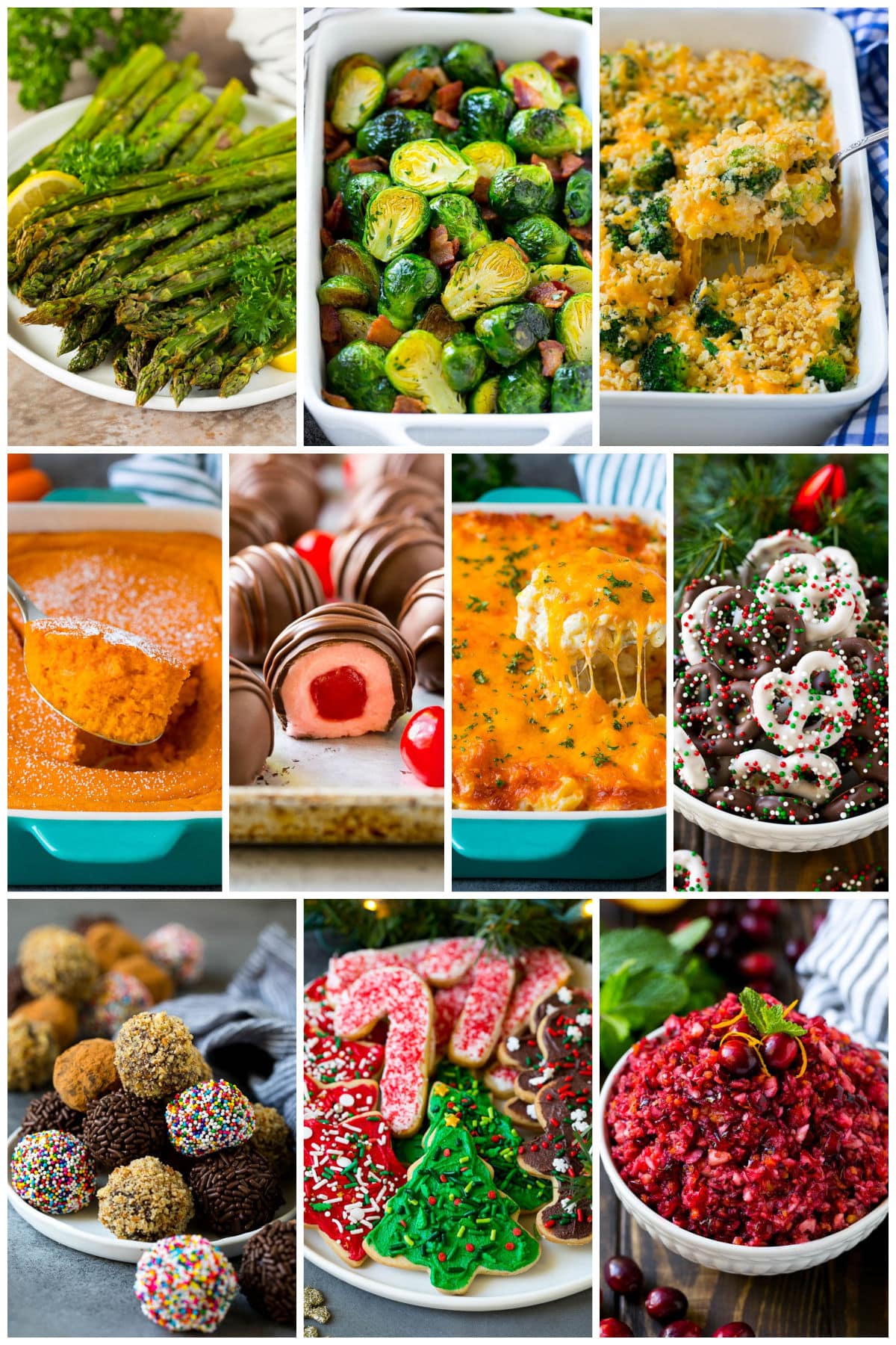 Images in a collage of holiday entertaining recipes including cheesy potatoes, chocolate covered pretzels and carrot souffle.