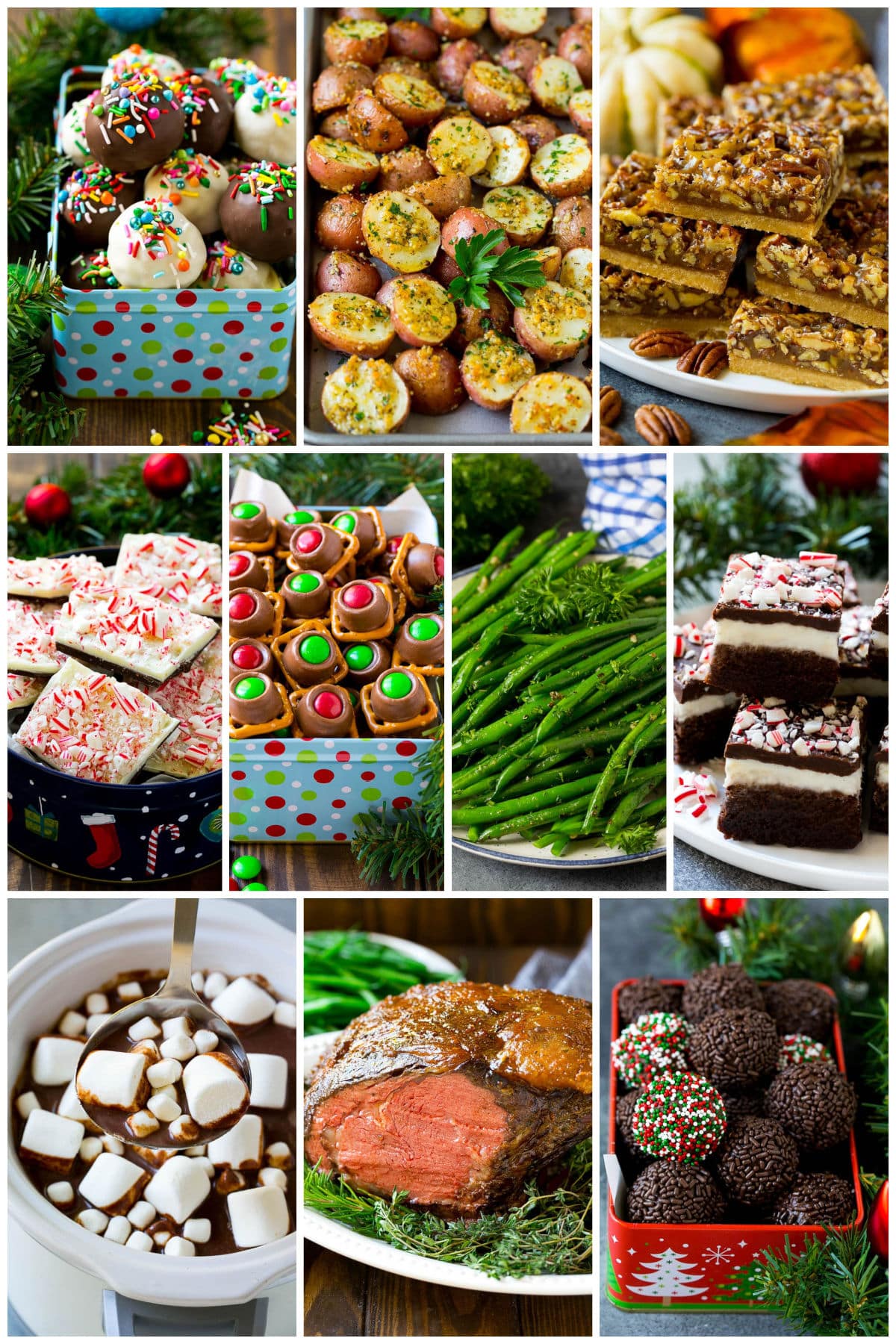 A collection of images of holiday dishes like smoked prime rib, peppermint bark and pecan pie bars.