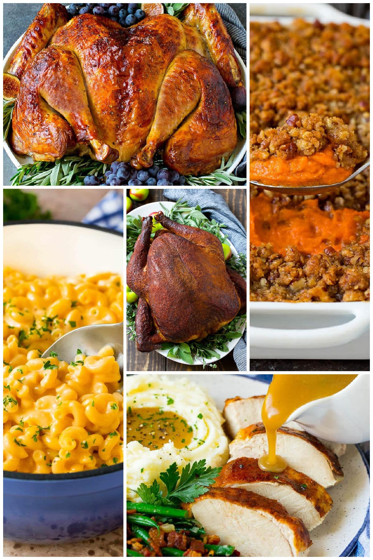 A group of images of holiday entertaining recipes including stovetop mac and cheese, turkey gravy and smoked turkey.