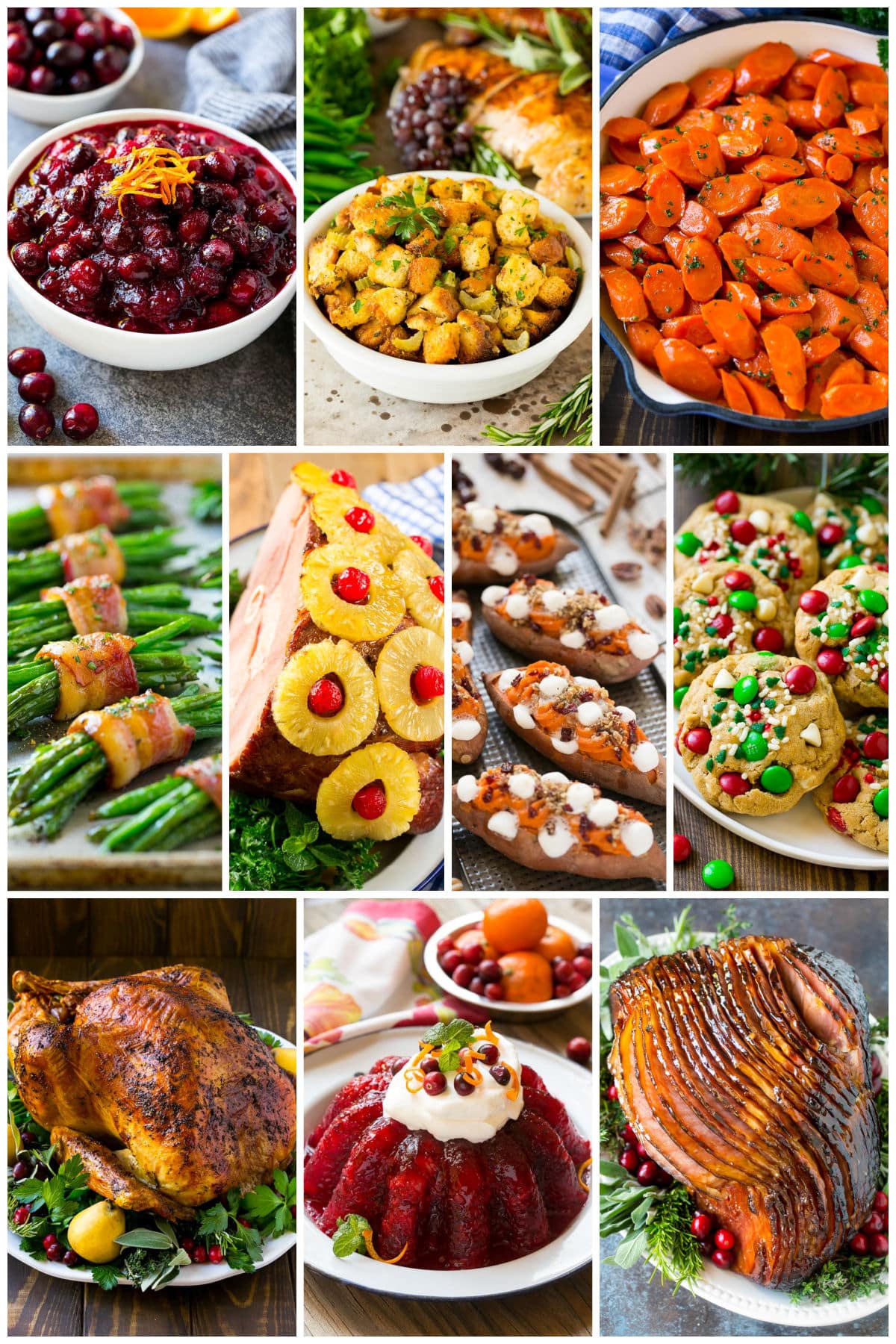 A group of festive holiday recipes like cranberry orange sauce, Christmas monster cookies and green bean bundles.