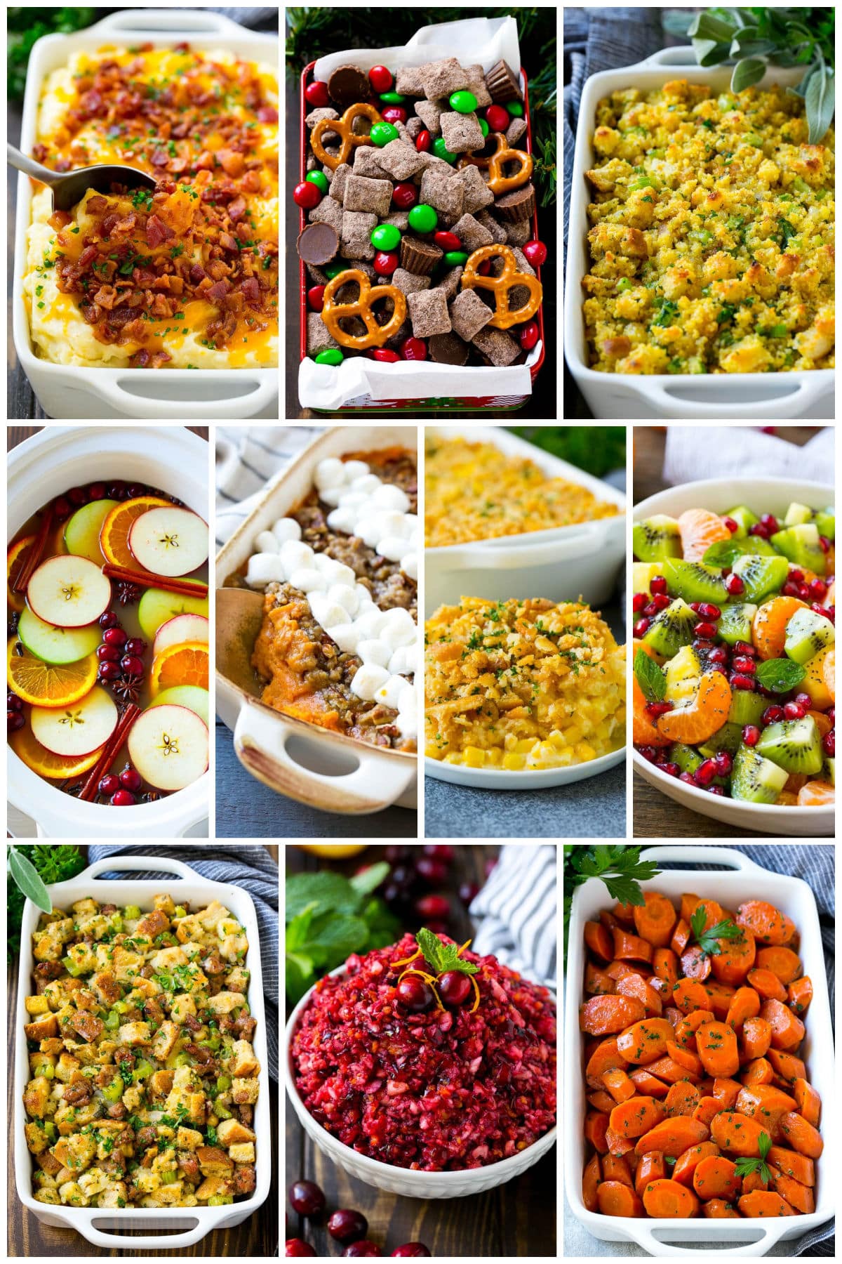 A group of Christmas dinner dishes like cranberry relish, slow cooker carrot glazed carrots and loaded mashed potato casserole.