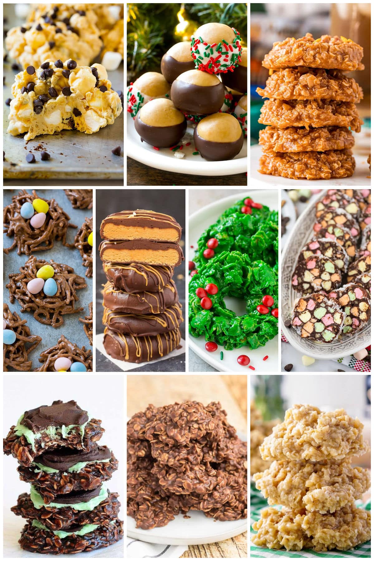 A group of no bake cookie recipes like chocolate peanut butter cookies, buckeye balls and church window cookies.