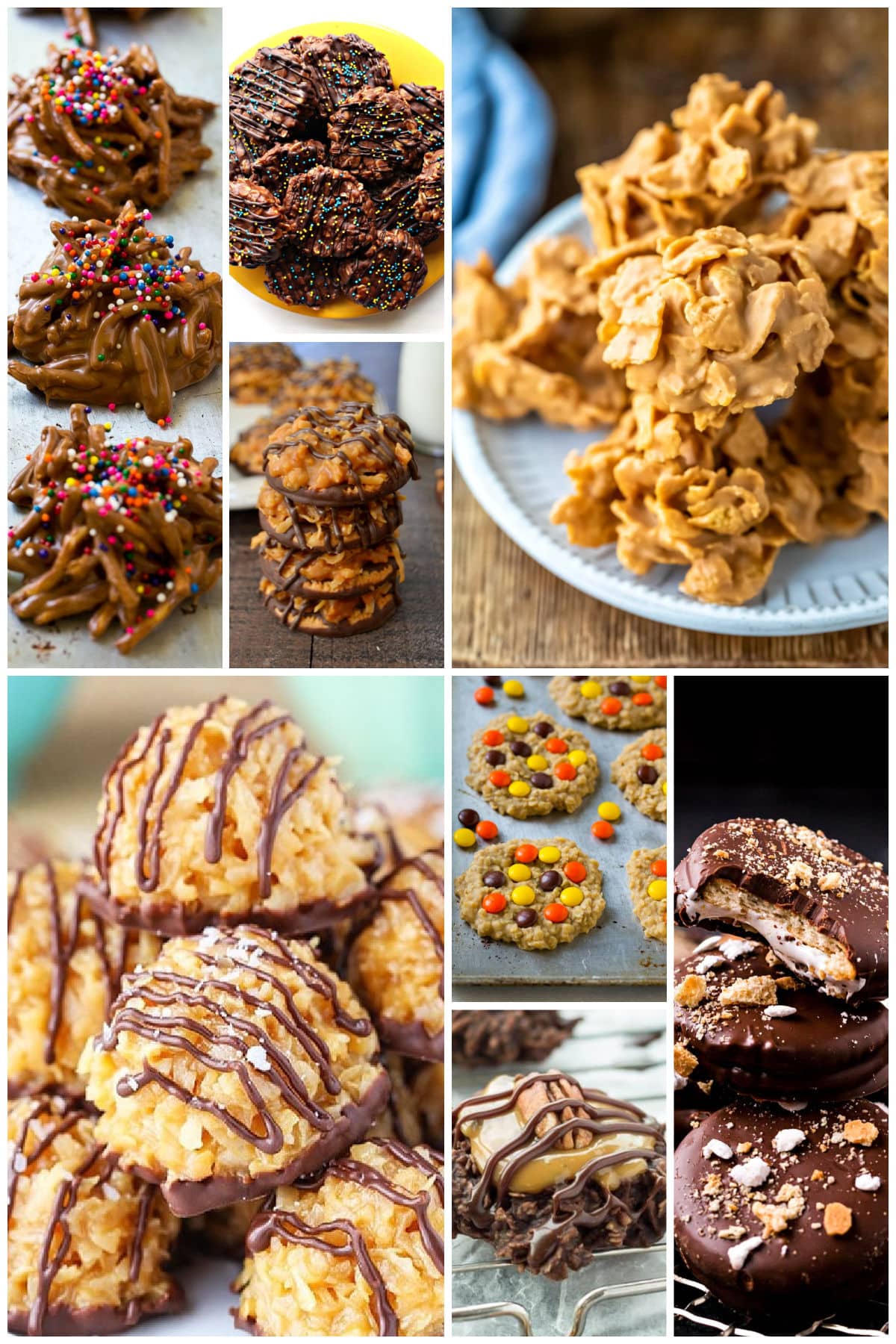 A group of desserts made on the stove like haystack cookies, peanut butter cookies and smores cookies.
