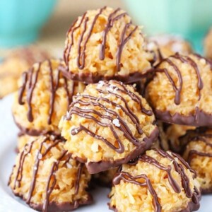 A picture of a stack of no bake salted caramel coconut macaroons.