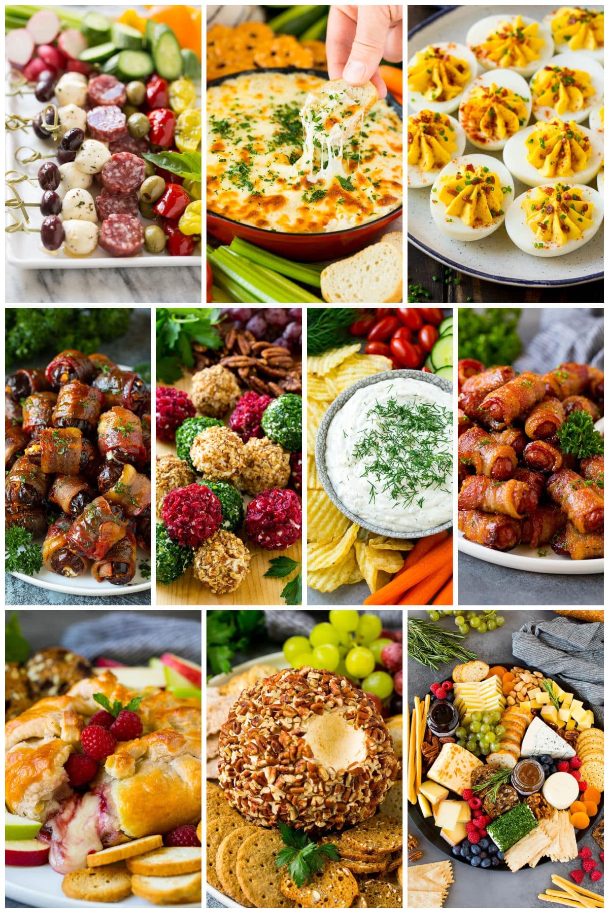 A collection of images of Thanksgiving appetizer recipes like a cheese ball, bacon deviled eggs and bacon wrapped dates.