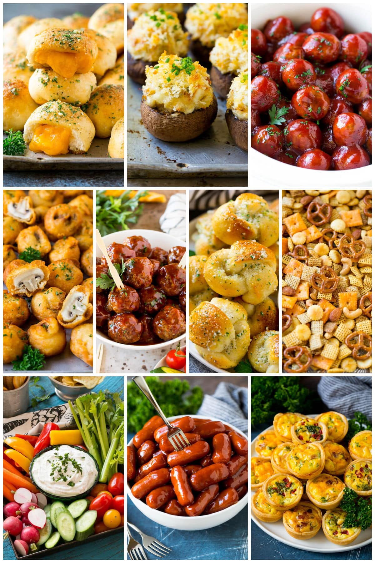 A group of snacks for Thanksgiving like crockpot little smokies, garlic knots and fried mushrooms.