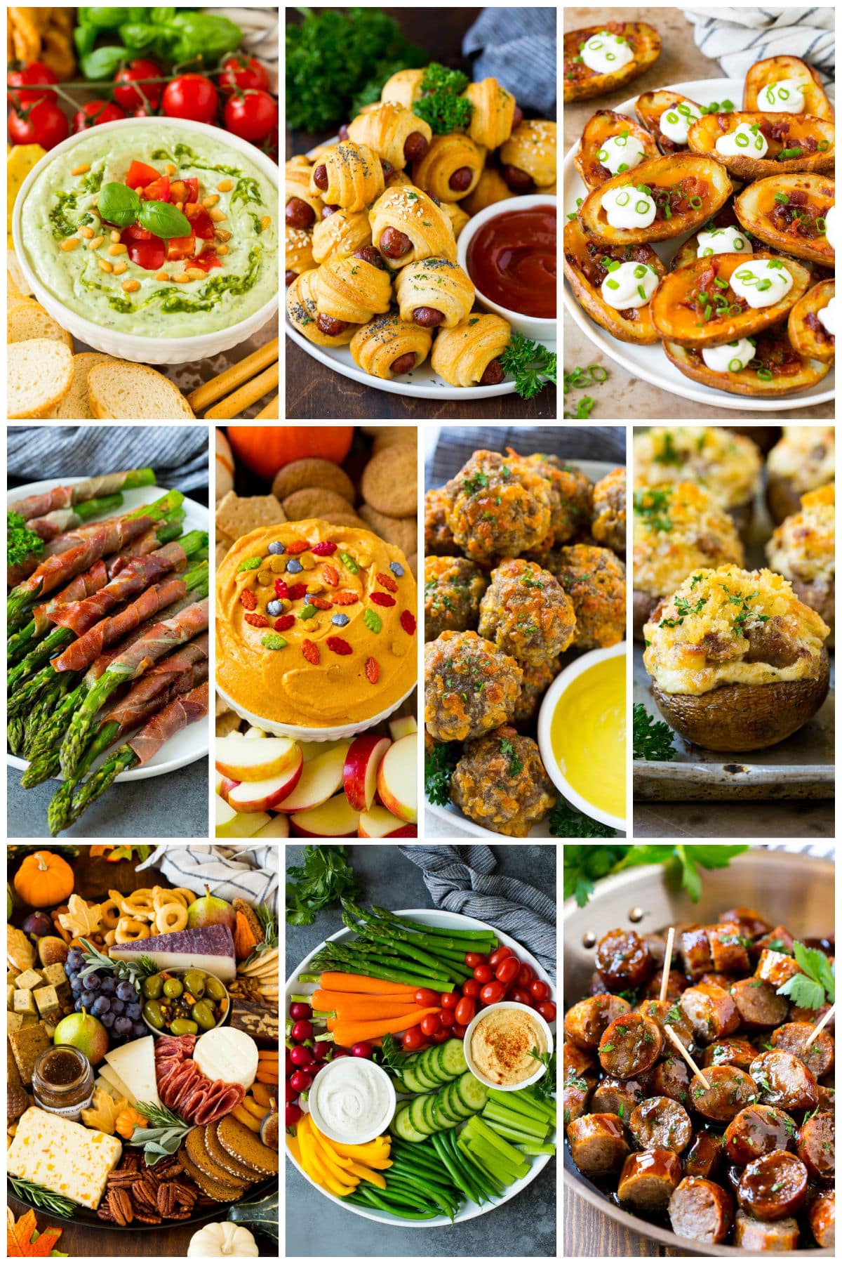 A collection of recipes for holiday snacks like potato skins, sausage cheese balls and a veggie tray.
