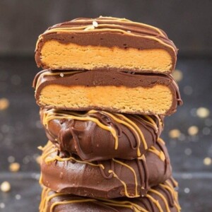 An image of a stack of no bake chocolate and peanut butter cookies.