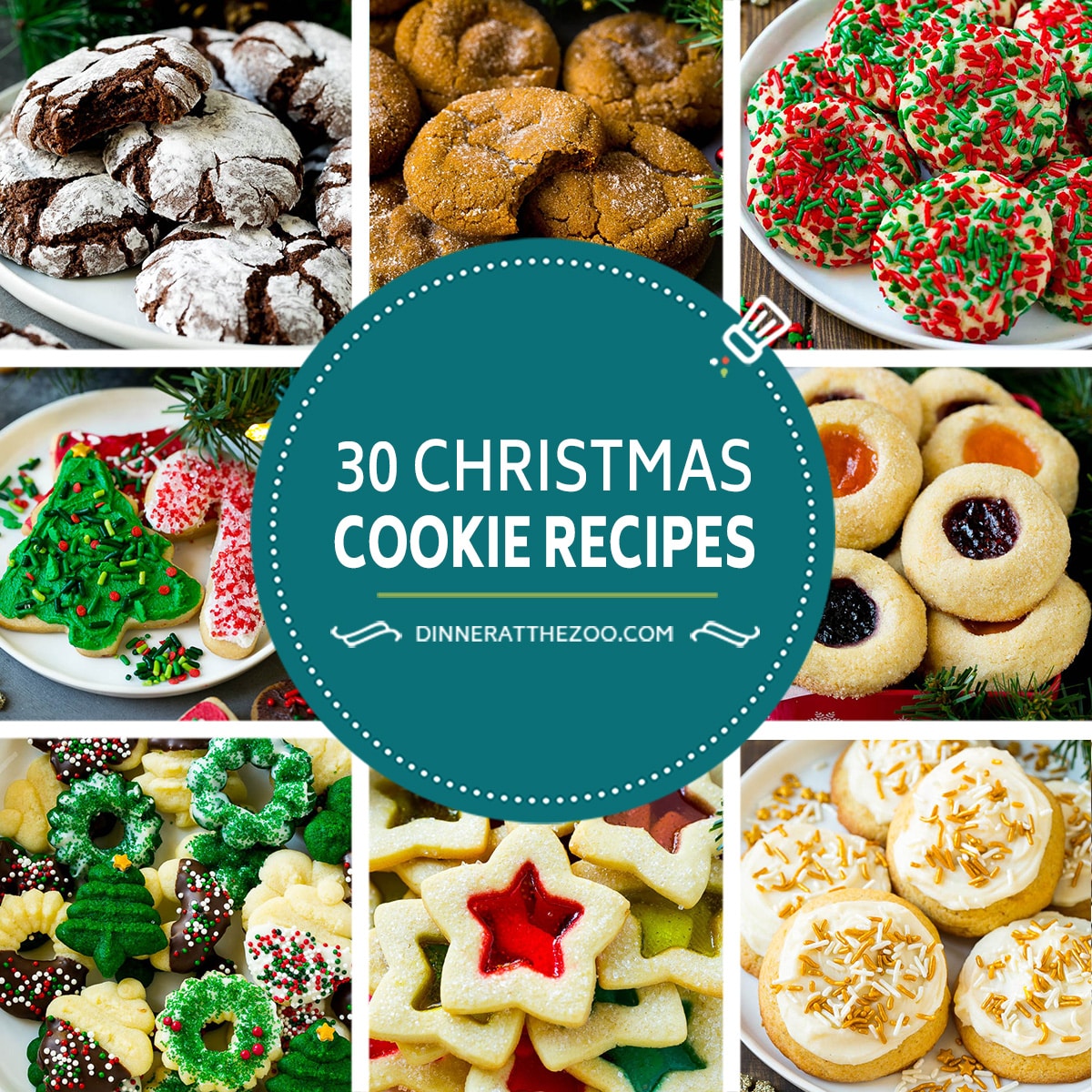 A collection of festive Christmas cookie recipes like thumbprint cookies, sugar cookies and molasses cookies.