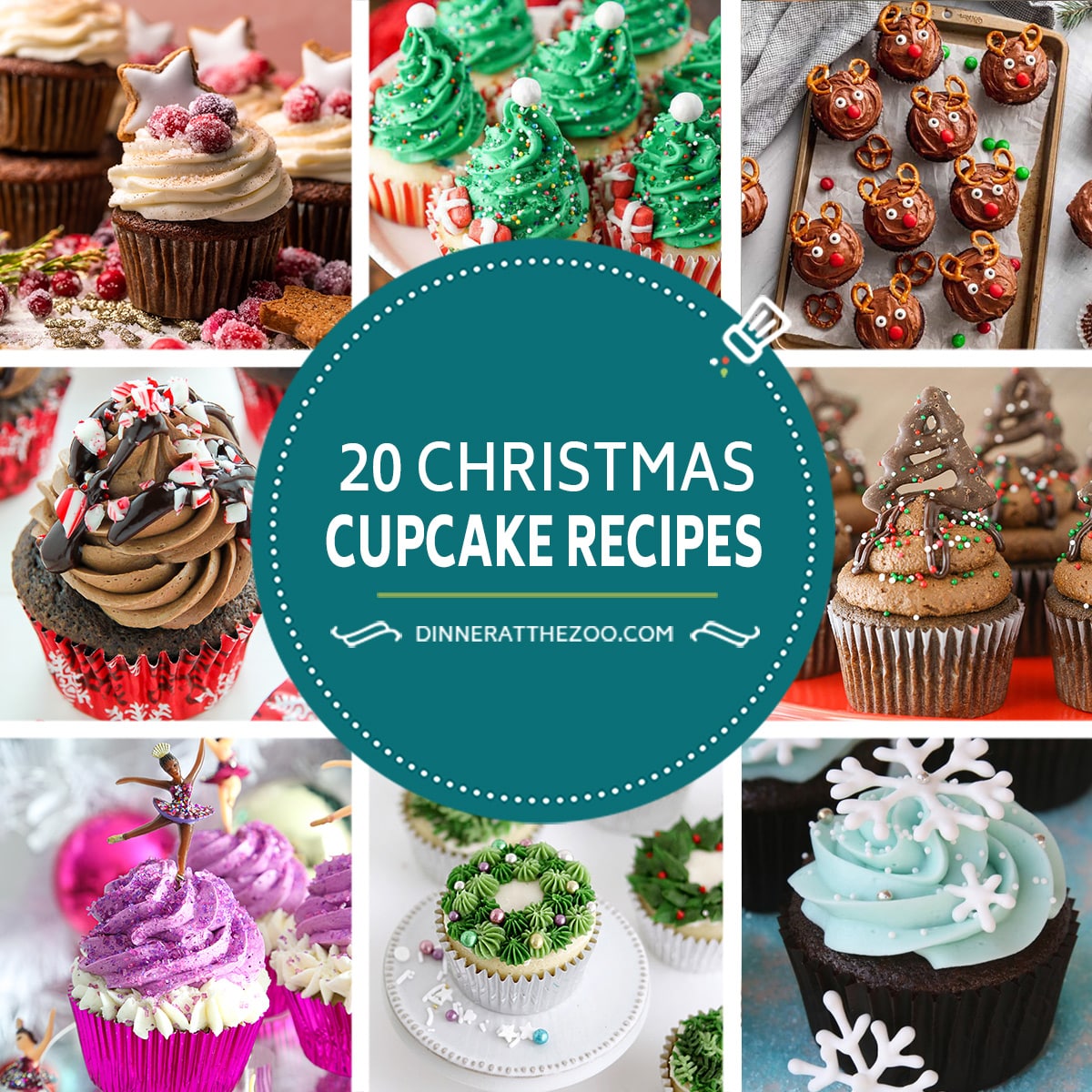 A group of images of Christmas cupcake recipes such as peppermint mocha chocolate cupcakes, Christmas tree cupcakes and gingerbread cupcakes.
