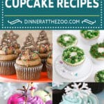 Images of a collection of Christmas cupcake recipes like sugar plum fair cupcakes, Christmas wreath cupcakes and reindeer cupcakes.