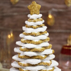 An image of a tree shaped stack of gingerbread cookies.
