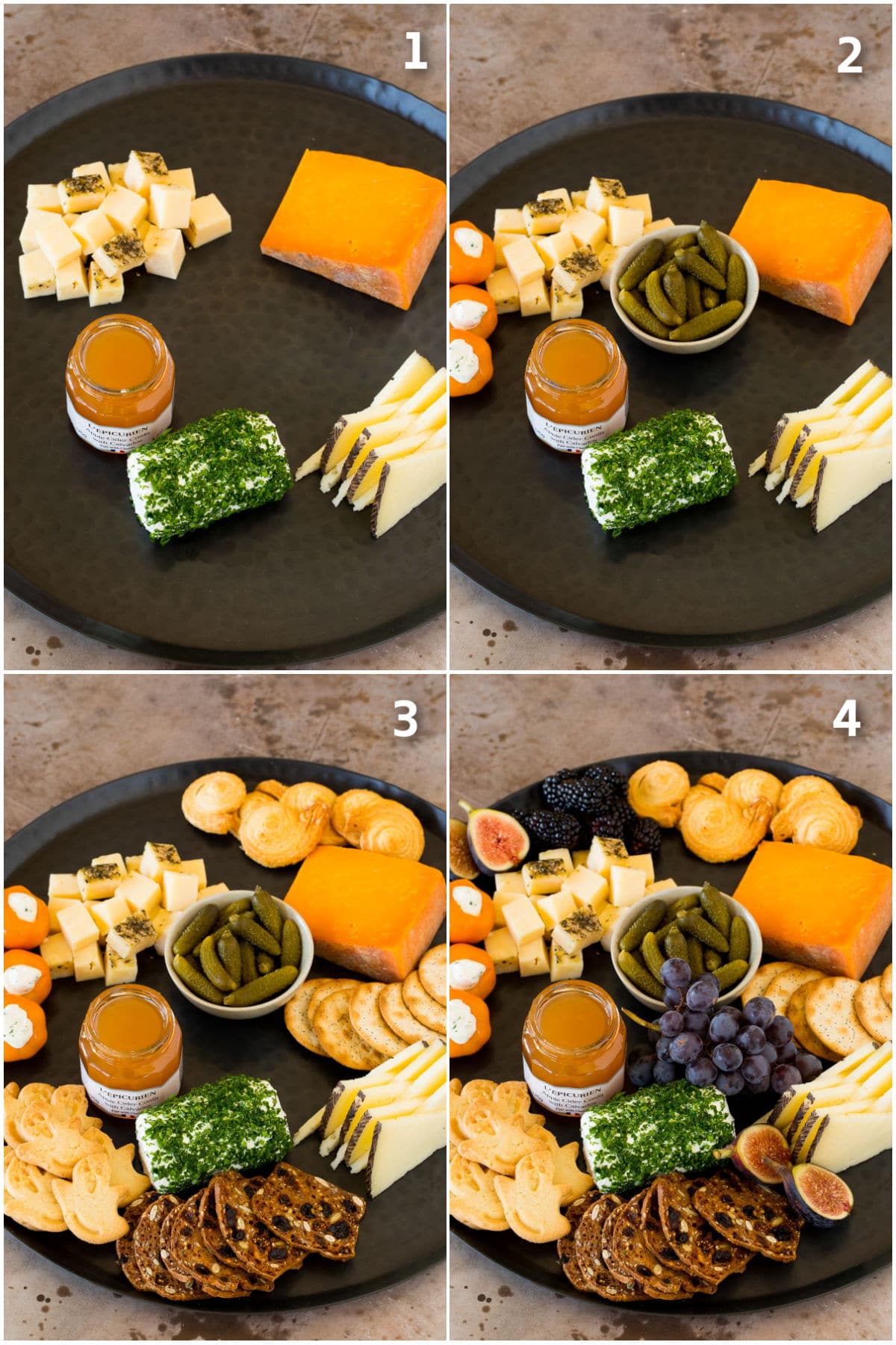 Step by step shots showing how to assemble a cheese platter.