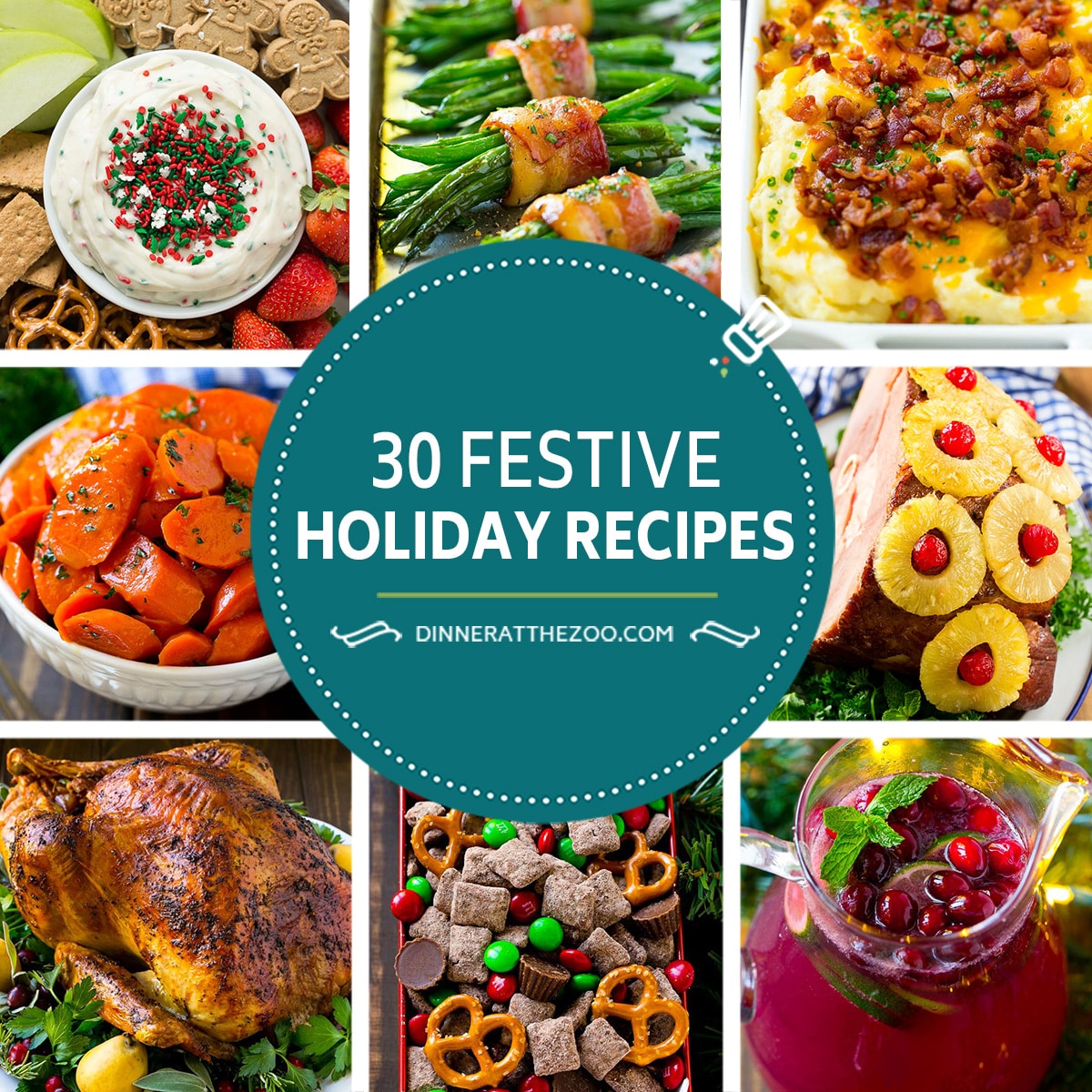 A group of images of holiday recipes like herb roasted turkey, Christmas cookie dough dip and loaded mashed potato casserole.