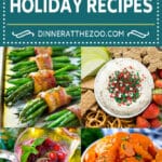 A collection of images of festive holiday recipes like Christmas punch, glazed carrots and green bean bundles.