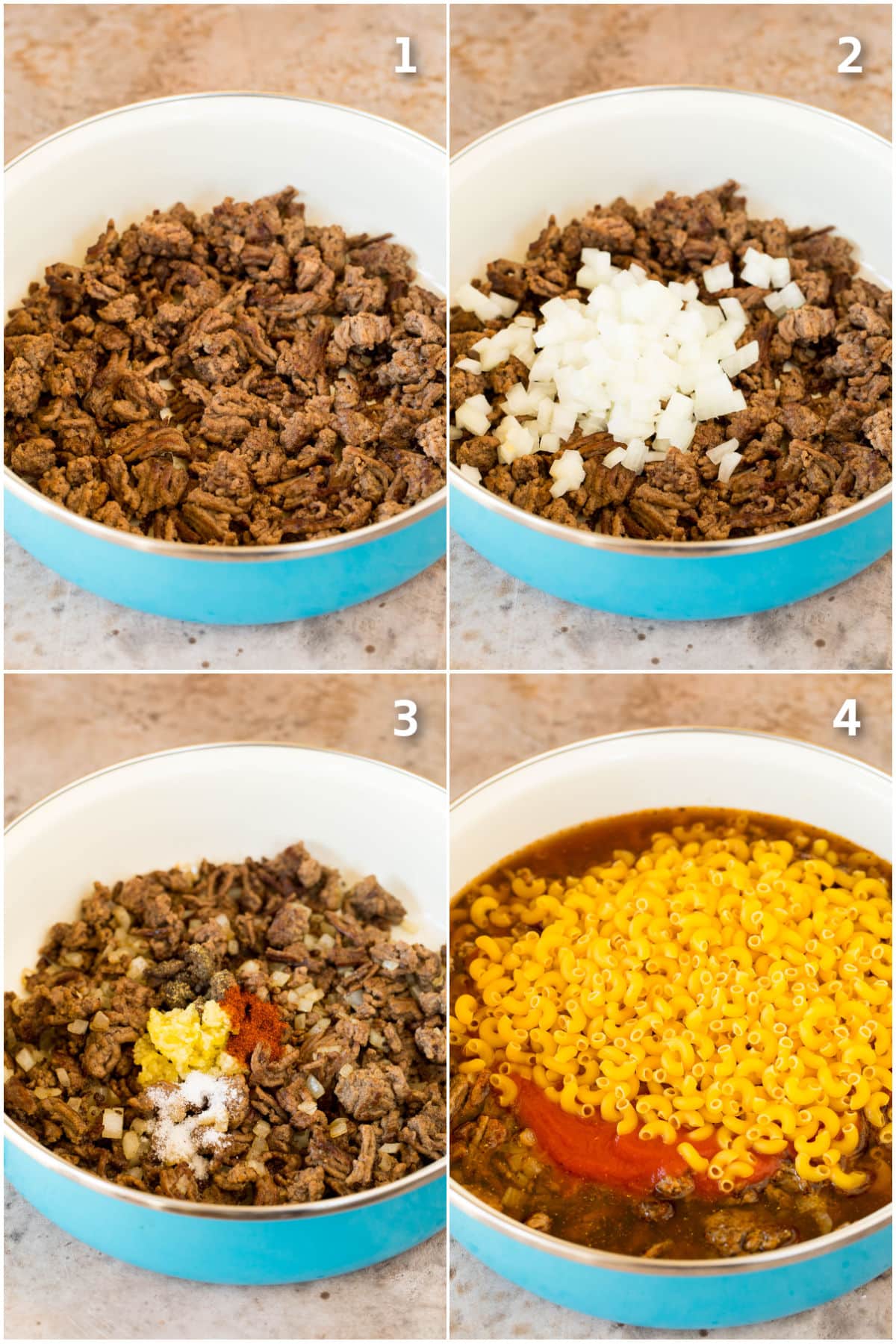 Process shots showing how to brown and season ground beef, and pasta with sauce in a pot.