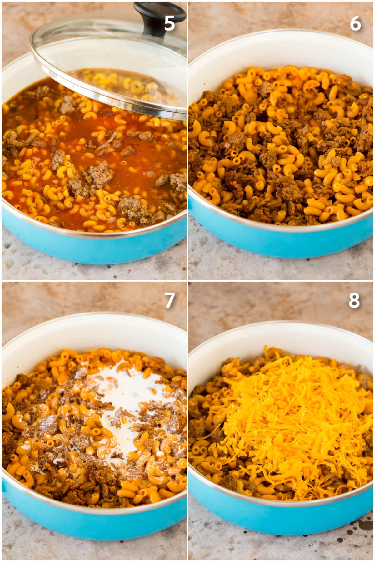 Step by step images showing how to make hamburger helper.