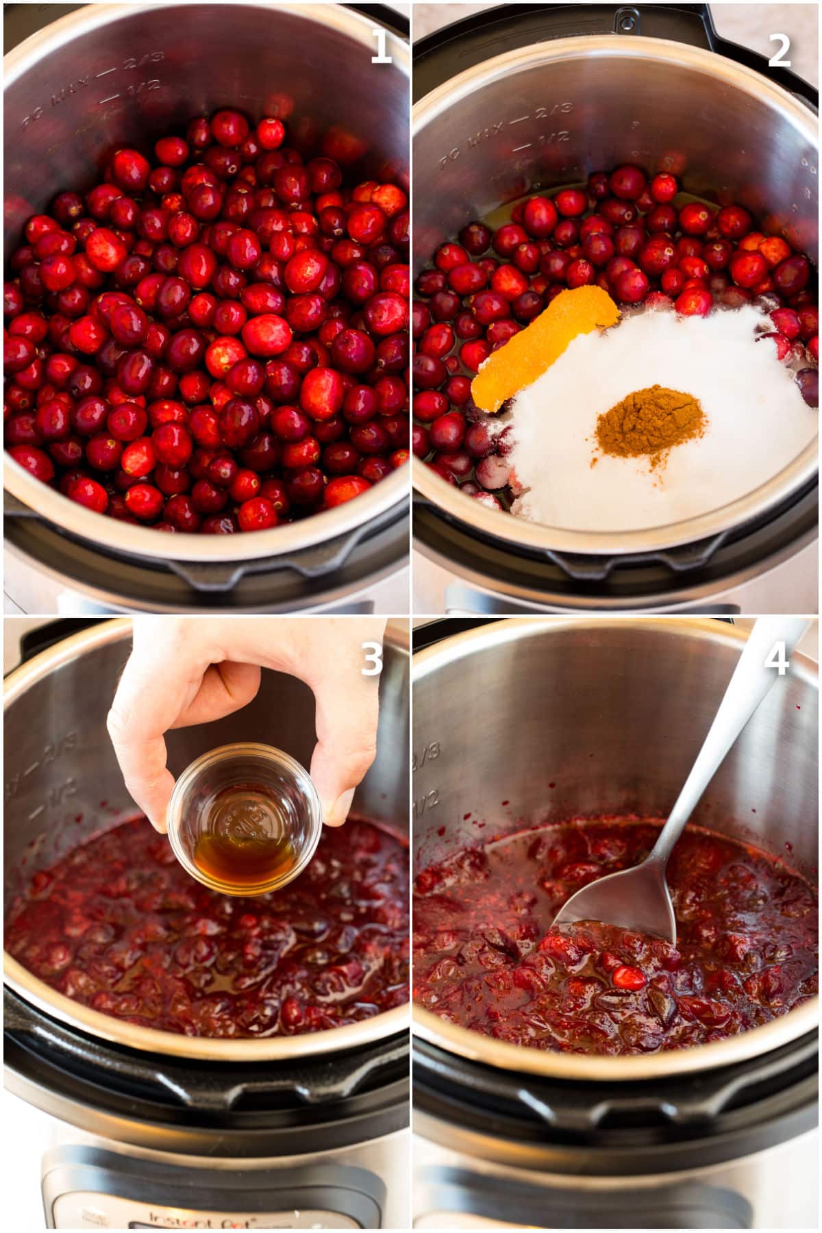 Step by step shots showing how to make cranberry sauce in the Instant Pot.