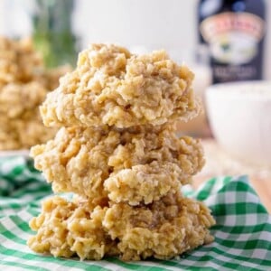 An image of a stack of Irish Cream no bake cookies.