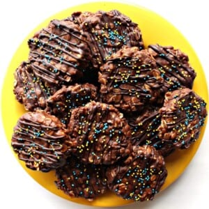 An image of a plate full of no bake chocolate peanut butter banana cookies.