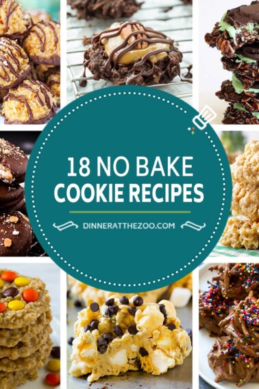 A group of images of no bake cookie recipes like no bake peanut butter cookies haystack cookies and caramel macaroons.