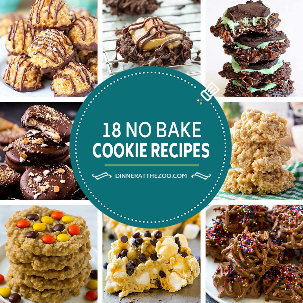 A group of images of no bake cookie recipes like no bake peanut butter cookies haystack cookies and caramel macaroons.