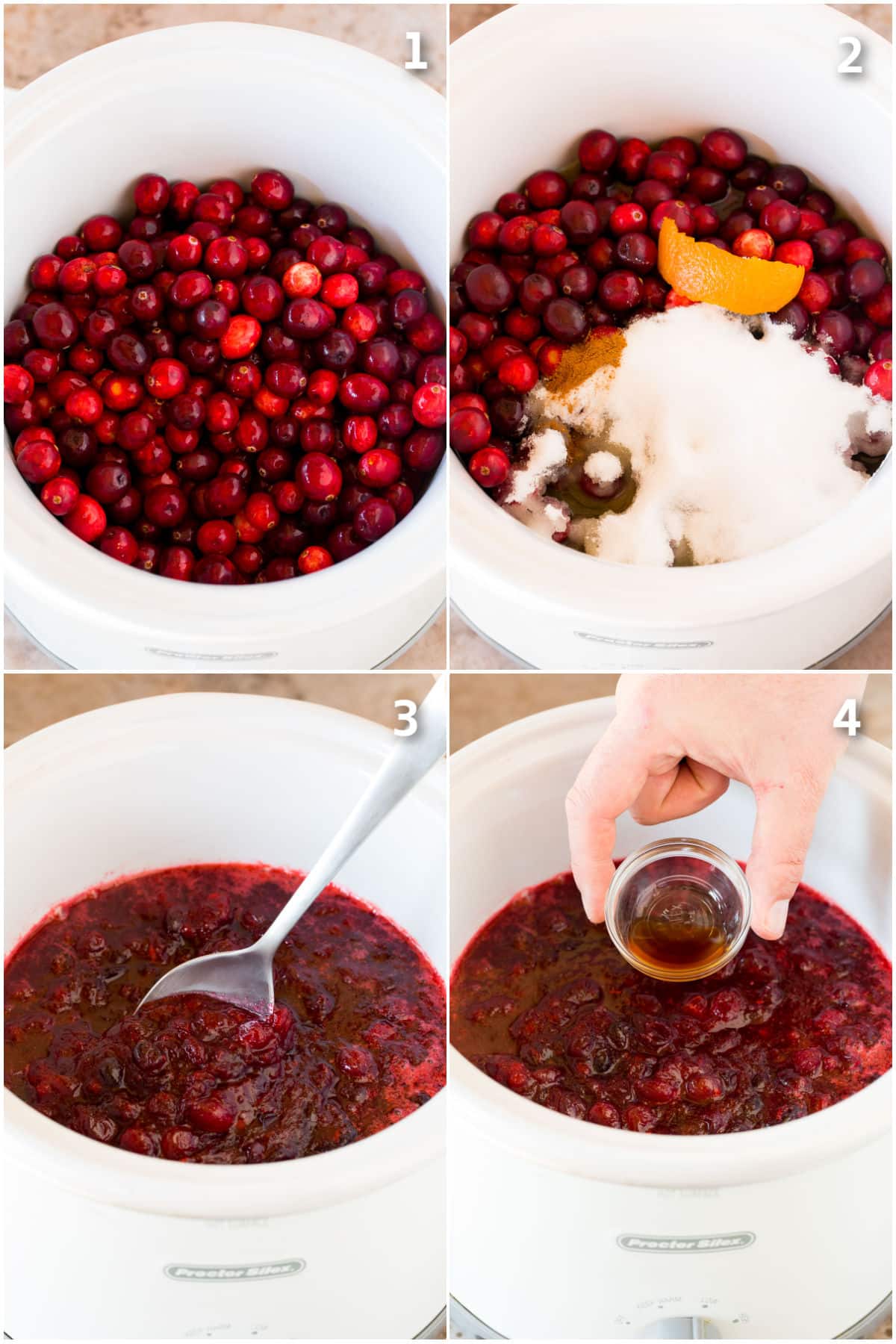 Process shots showing how to make slow cooker cranberry sauce.