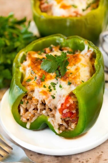 Stuffed green peppers on serving plates garnished with parsley.