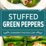 These stuffed green peppers are tender bell peppers filled with ground beef, rice, tomatoes and cheese.