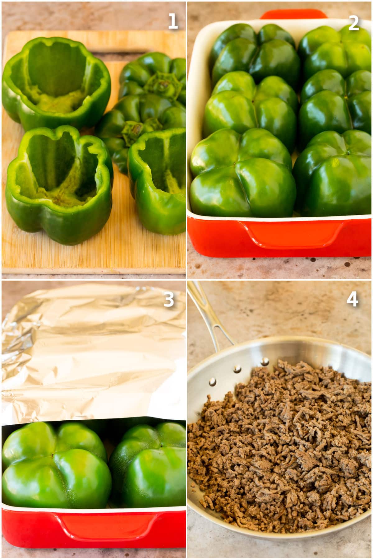 Step by step shots showing how to cook bell peppers and brown meat.
