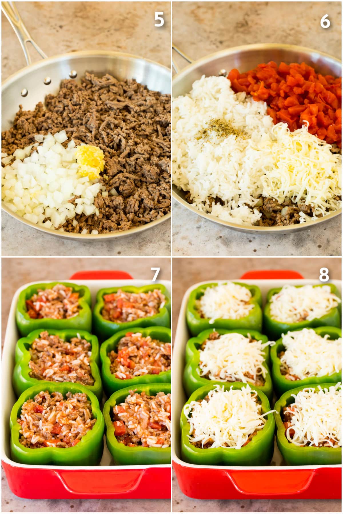 Process shots showing a meat and rice mixture being cooked and stuffed into peppers.