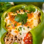 These stuffed green peppers are tender bell peppers filled with ground beef, rice, tomatoes and cheese.