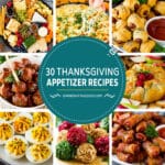 A group of images of Thanksgiving appetizer recipes like pigs in a blanket, baked brie and cheese ball bites.