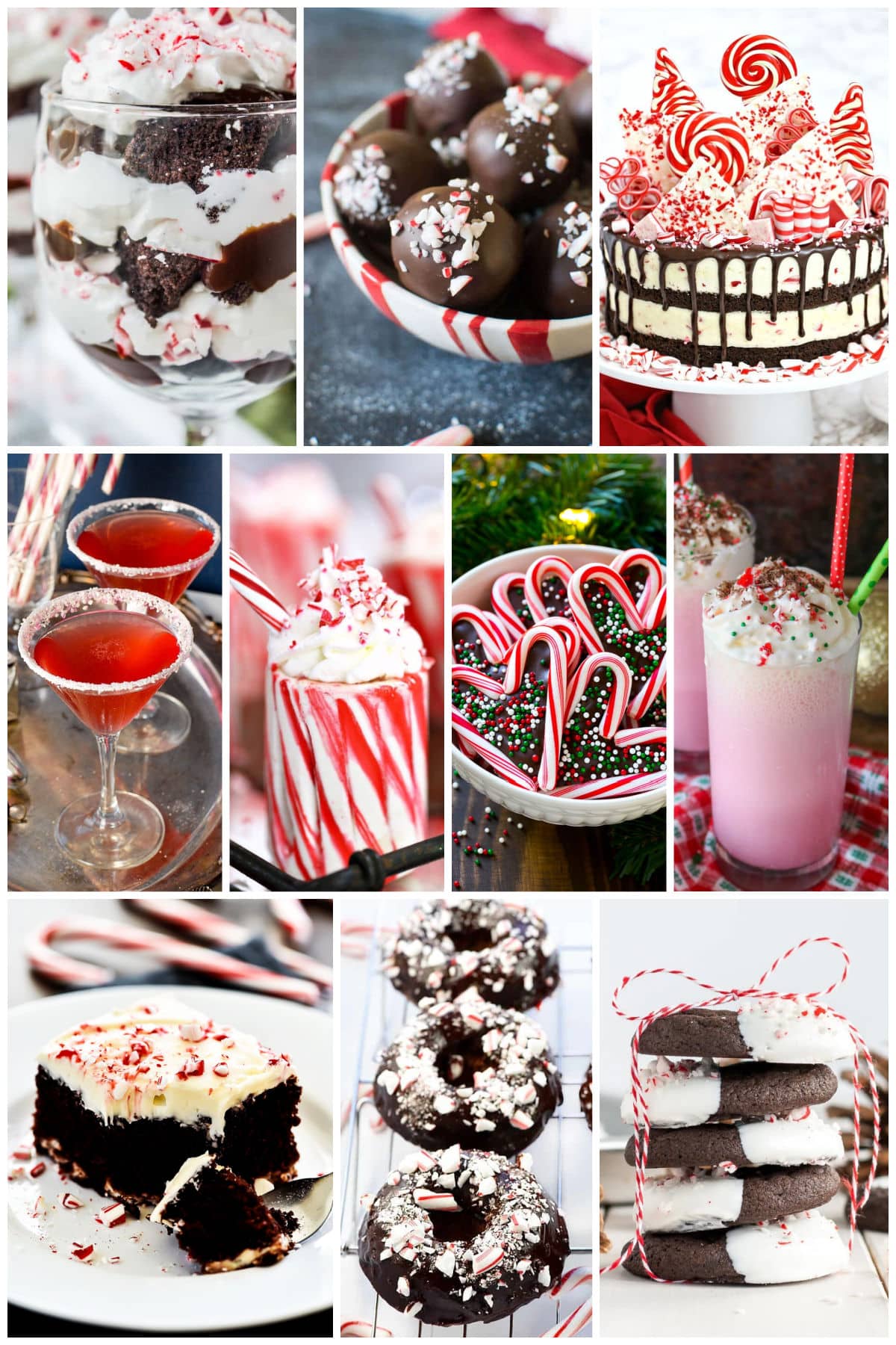 Images in a collage of candy cane recipes including candy cane milkshakes, peppermint bark cookies and chocolate peppermint baked donuts.