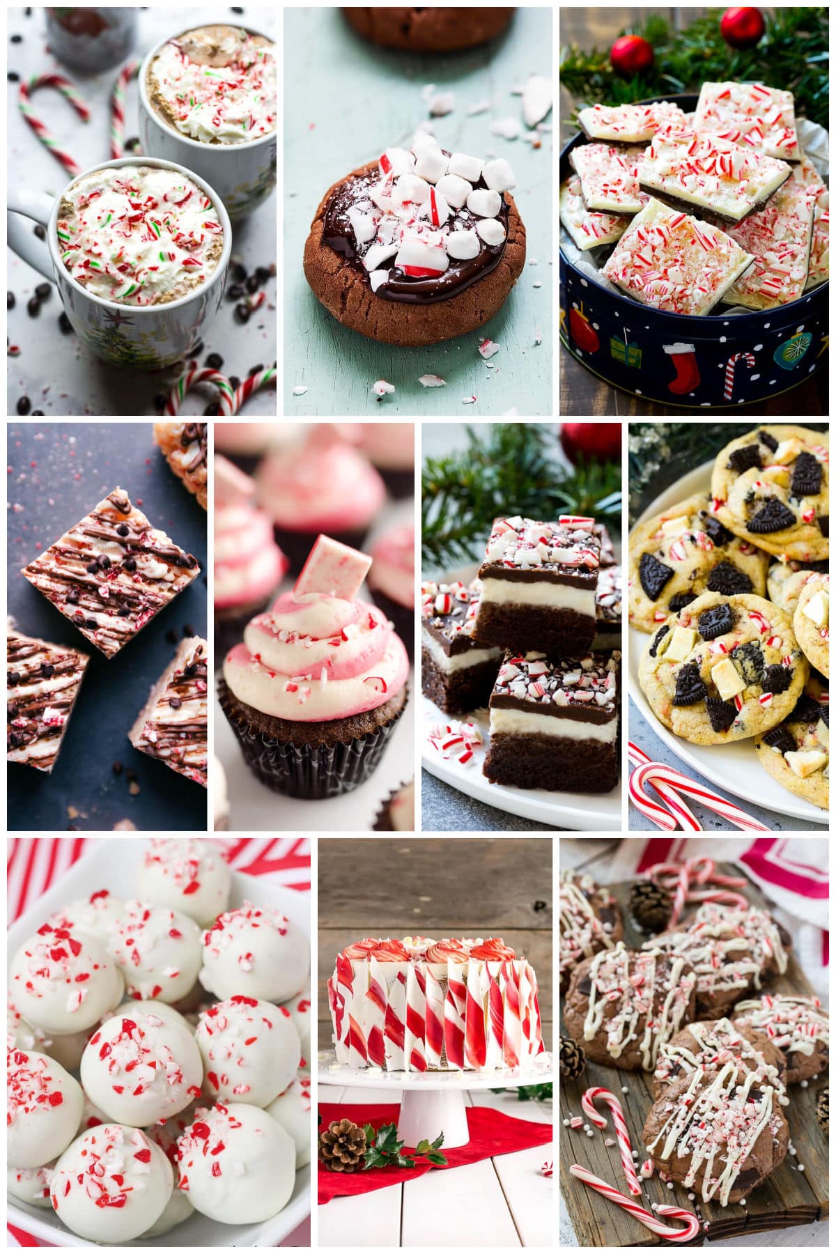 A group of images of festive peppermint candy recipes such as peppermint brownies, hot chocolate meltaway cookies and peppermint cookies.