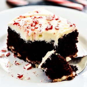 An image of a piece of a chocolate candy cane cheesecake cake.