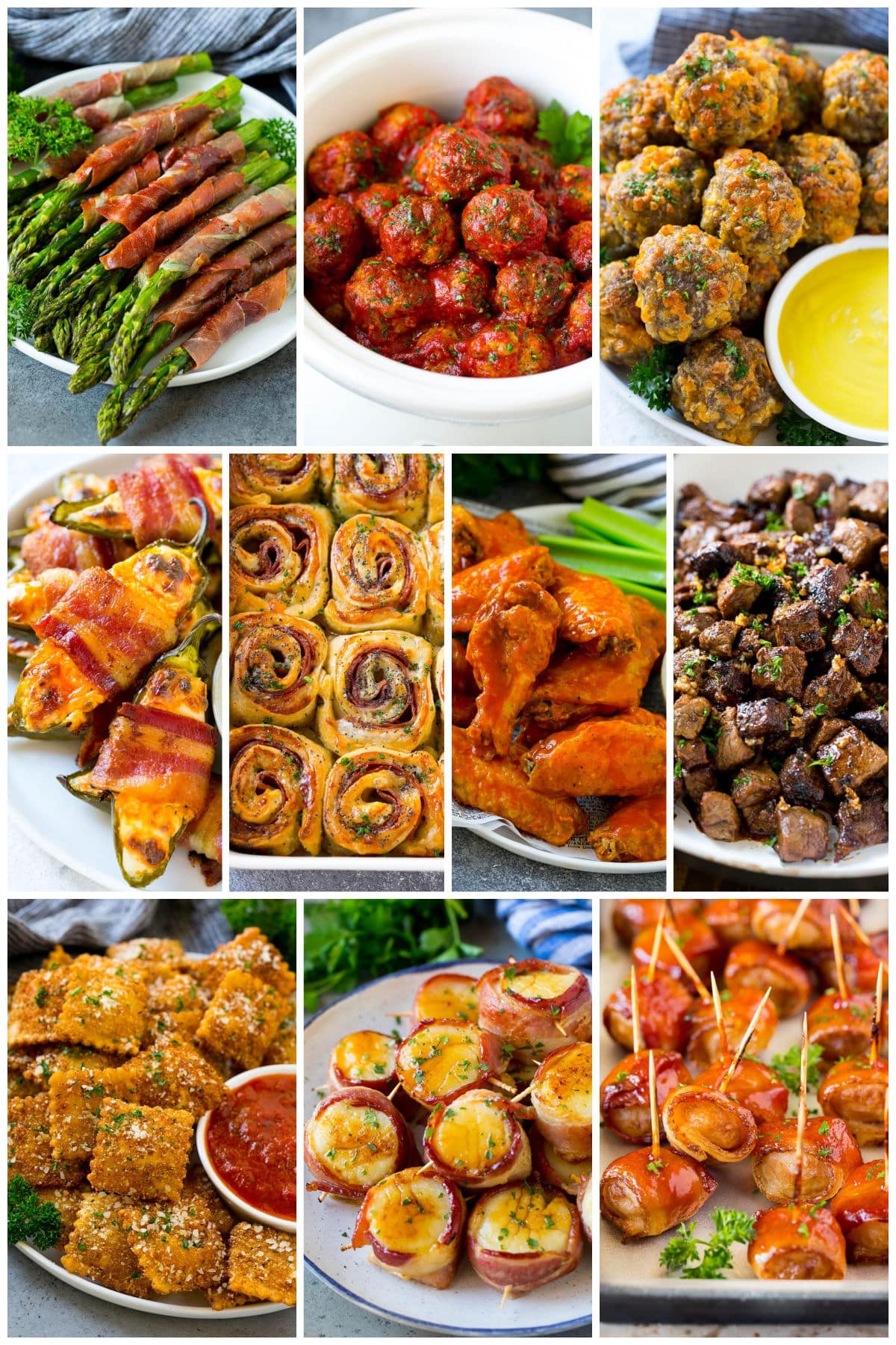 A group of images of Christmas appetizer recipes including ham and cheese pinwheels, baked buffalo wings and bacon wrapped jalapeno poppers.