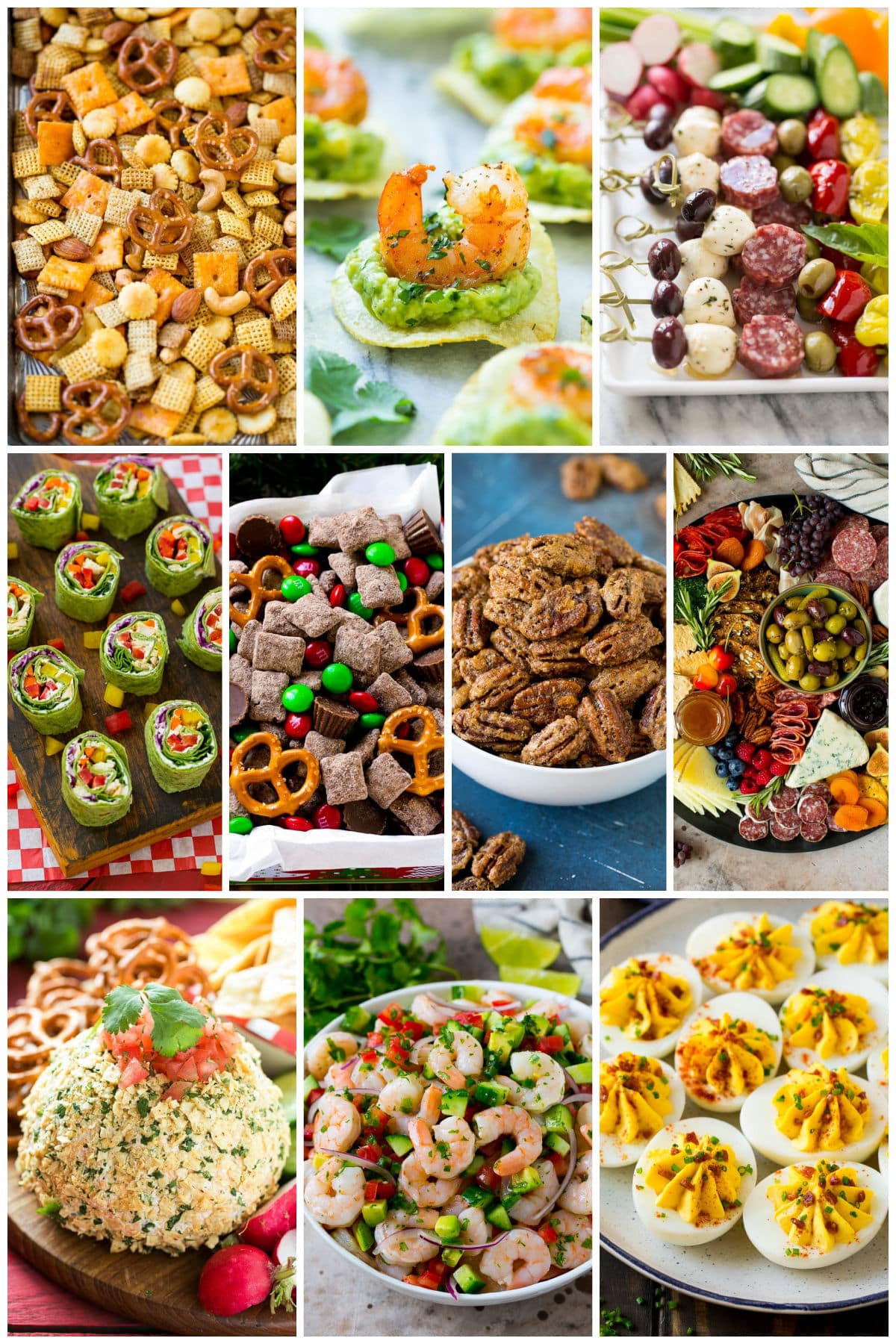 A group of holiday favorite snacks including bacon deviled eggs, homemade Chex mix and antipasto skewers.