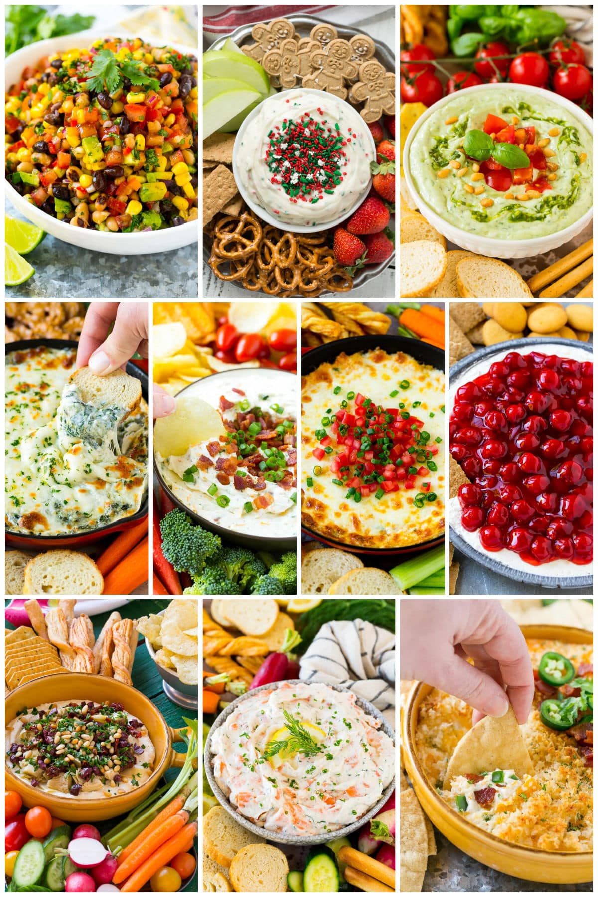 Several images of holiday dips including cherry cheesecake dip, smoked salmon dip and spinach dip.