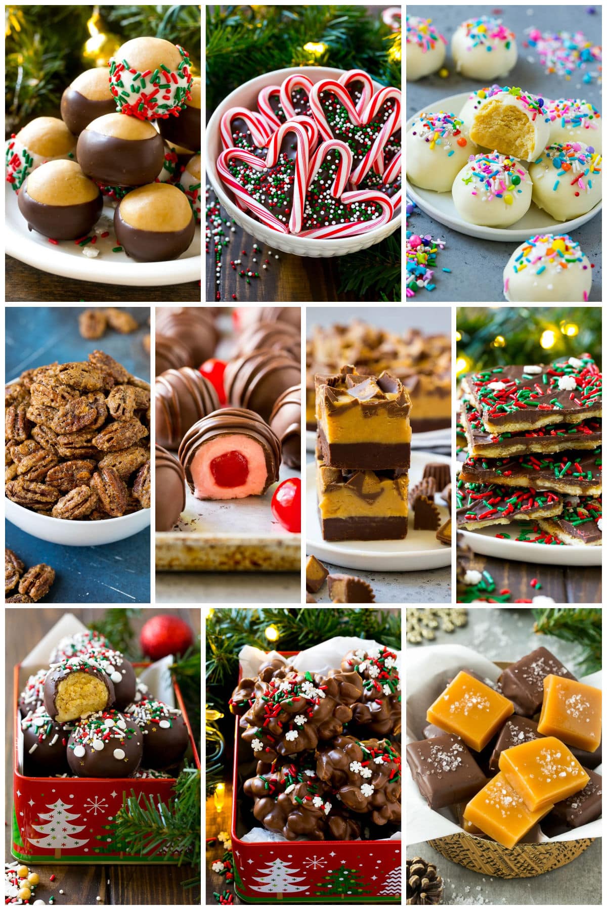 A group of images of Christmas candy recipes including cake balls, Christmas crack and peanut butter fudge.
