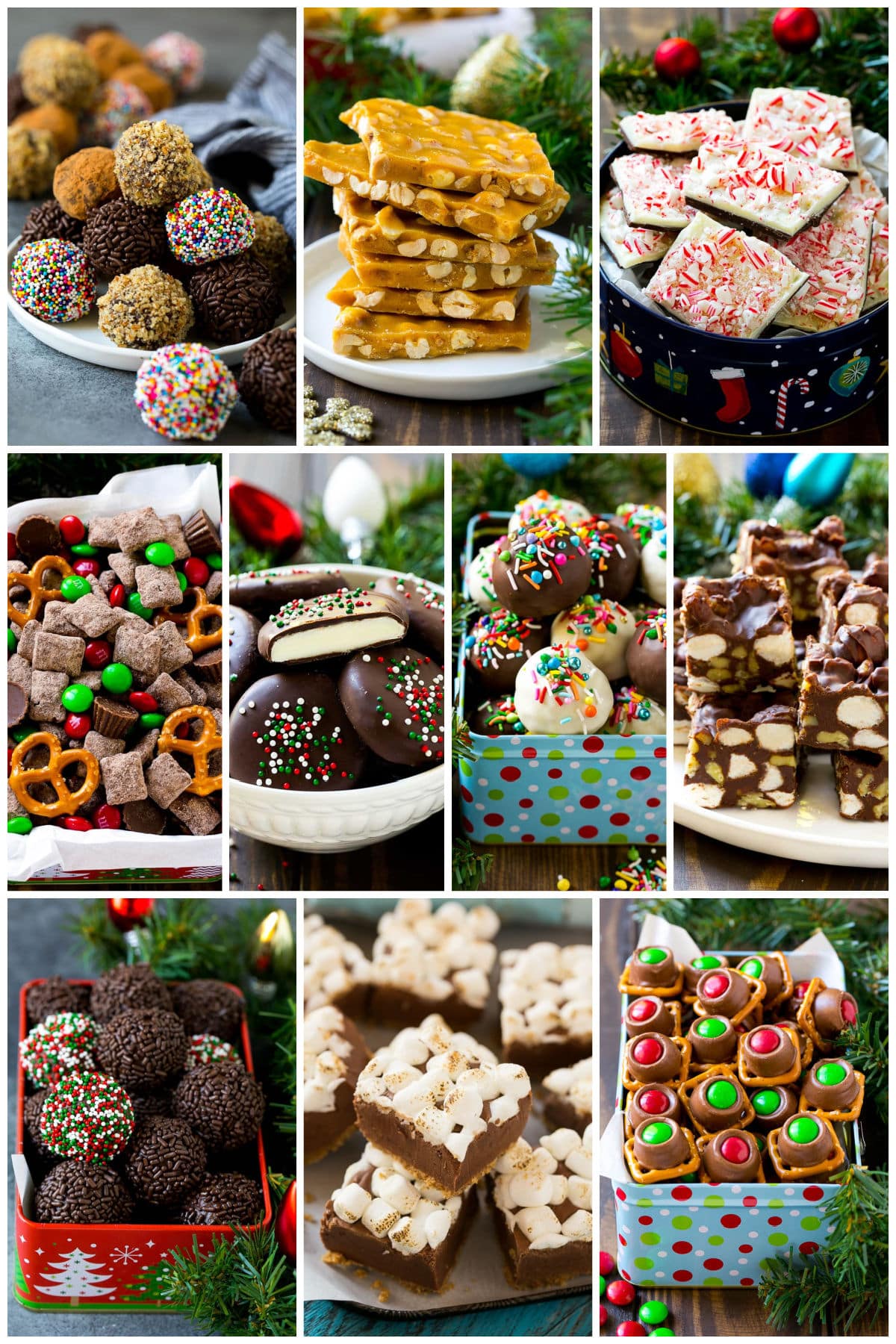 A collection of holiday treats like peppermint patties, rocky road fudge and reindeer chow.
