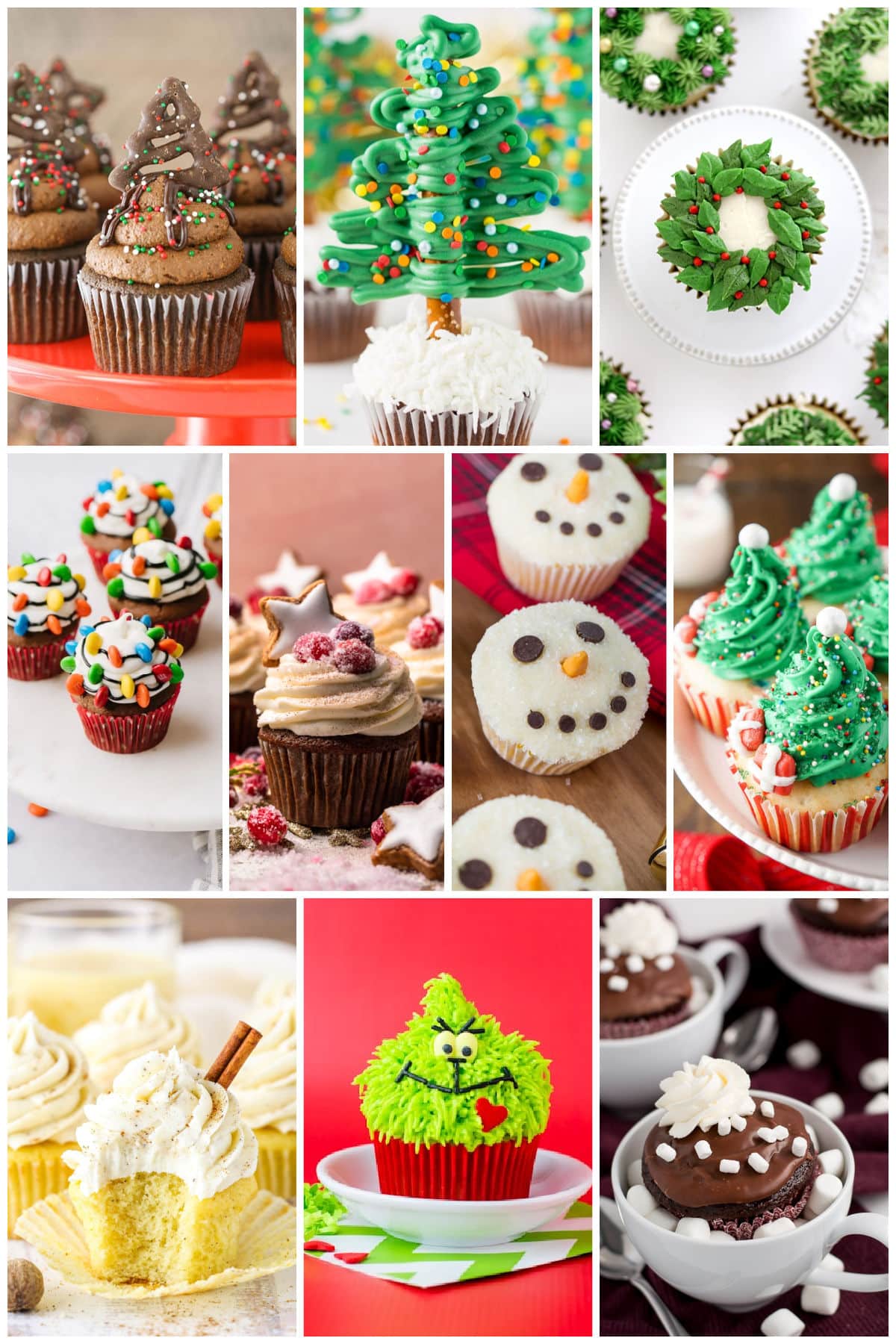 A group of Christmas cupcake recipes including favorites such as snowman cupcakes, Christmas wreath cupcakes and eggnog cupcakes.