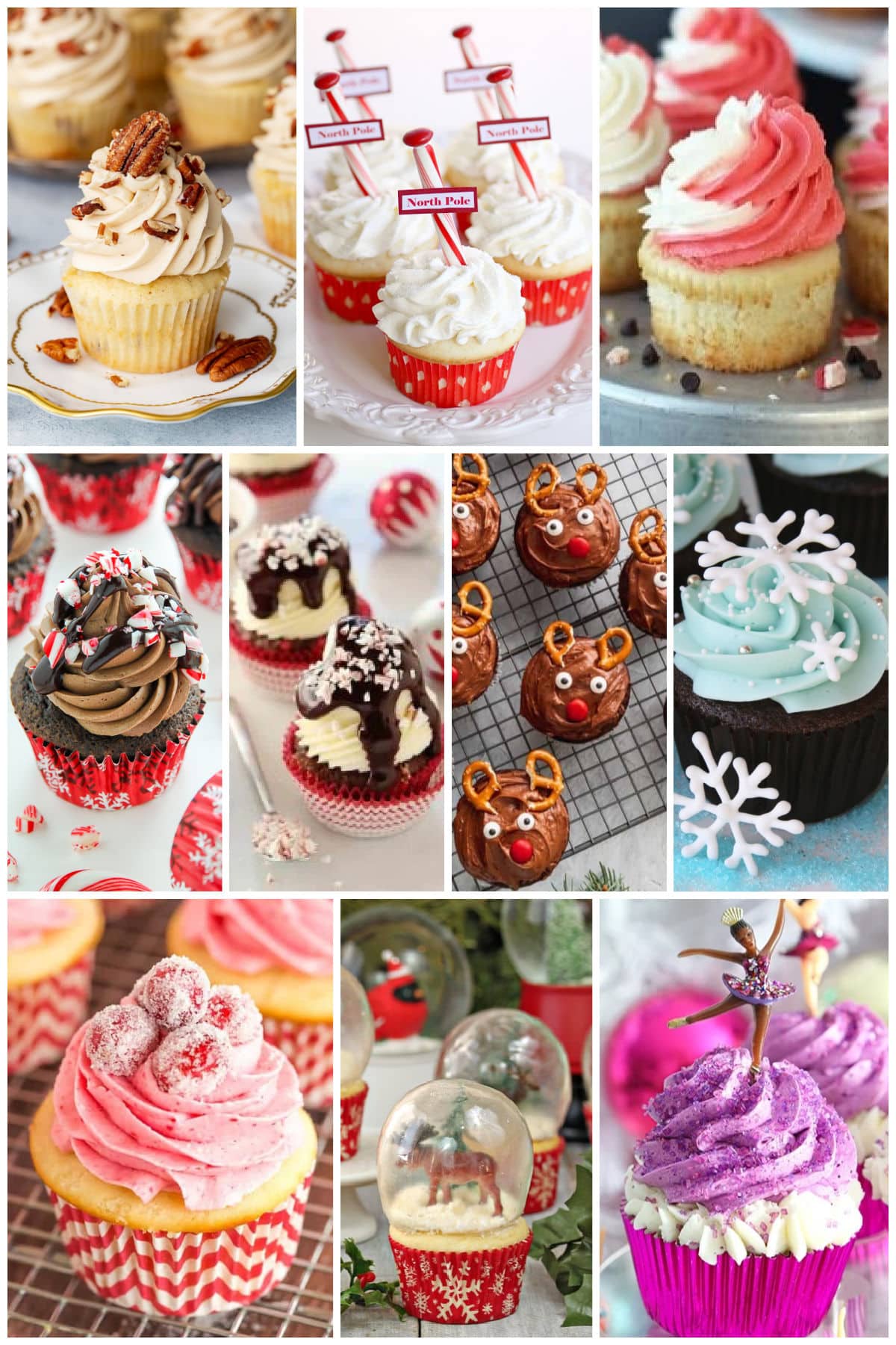 A group of images of festive holiday treats like snowflake cupcakes, North Pole cupcakes and reindeer cupcakes.