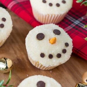 An image of some snowman cupcakes on a table.
