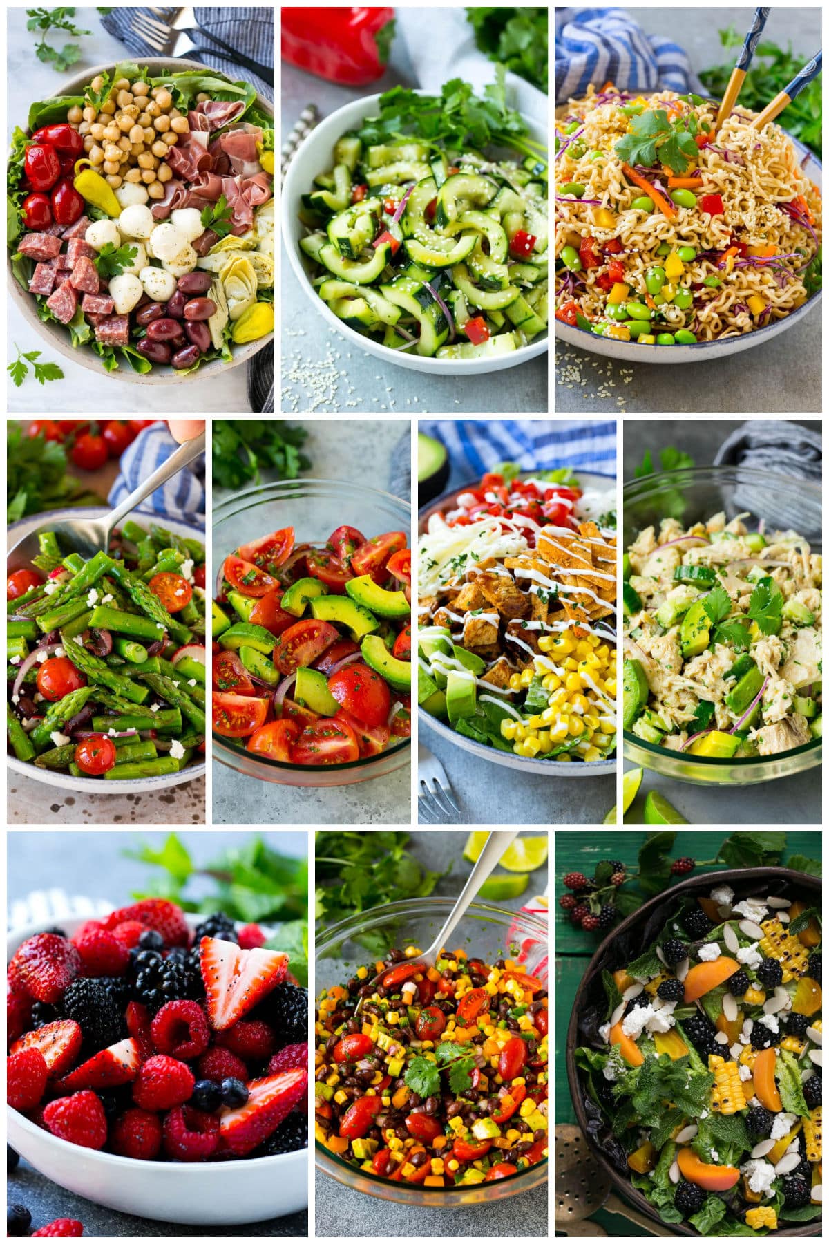 A collection of images of healthy salad recipes such as antipasto salad, Asian cucumber salad and black bean salad.