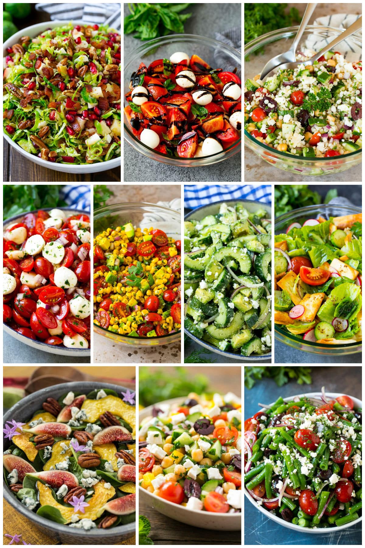 A group of healthy salad recipes like caprese salad, green bean salad and couscous salad.