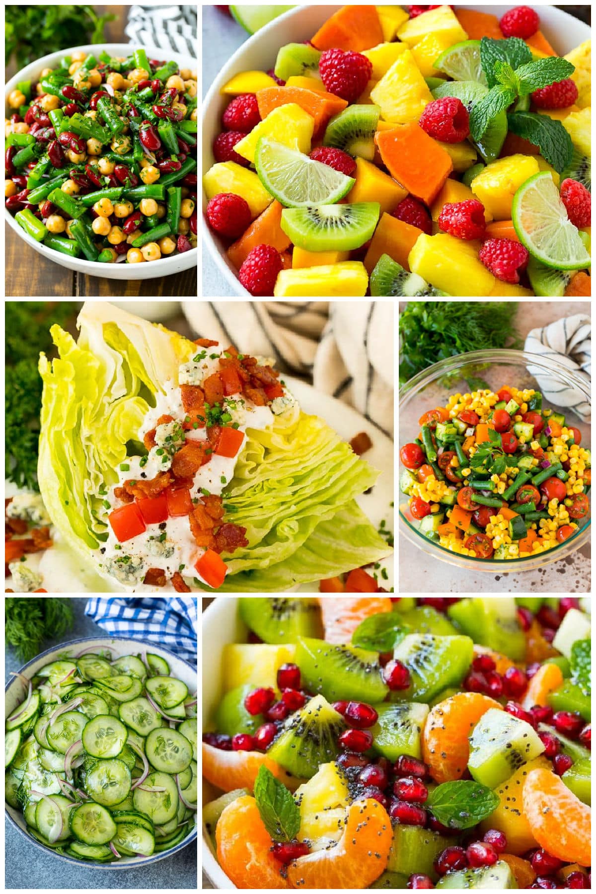 A group of fresh favorites like three bean salad, a wedge salad and tropical fruit salad.