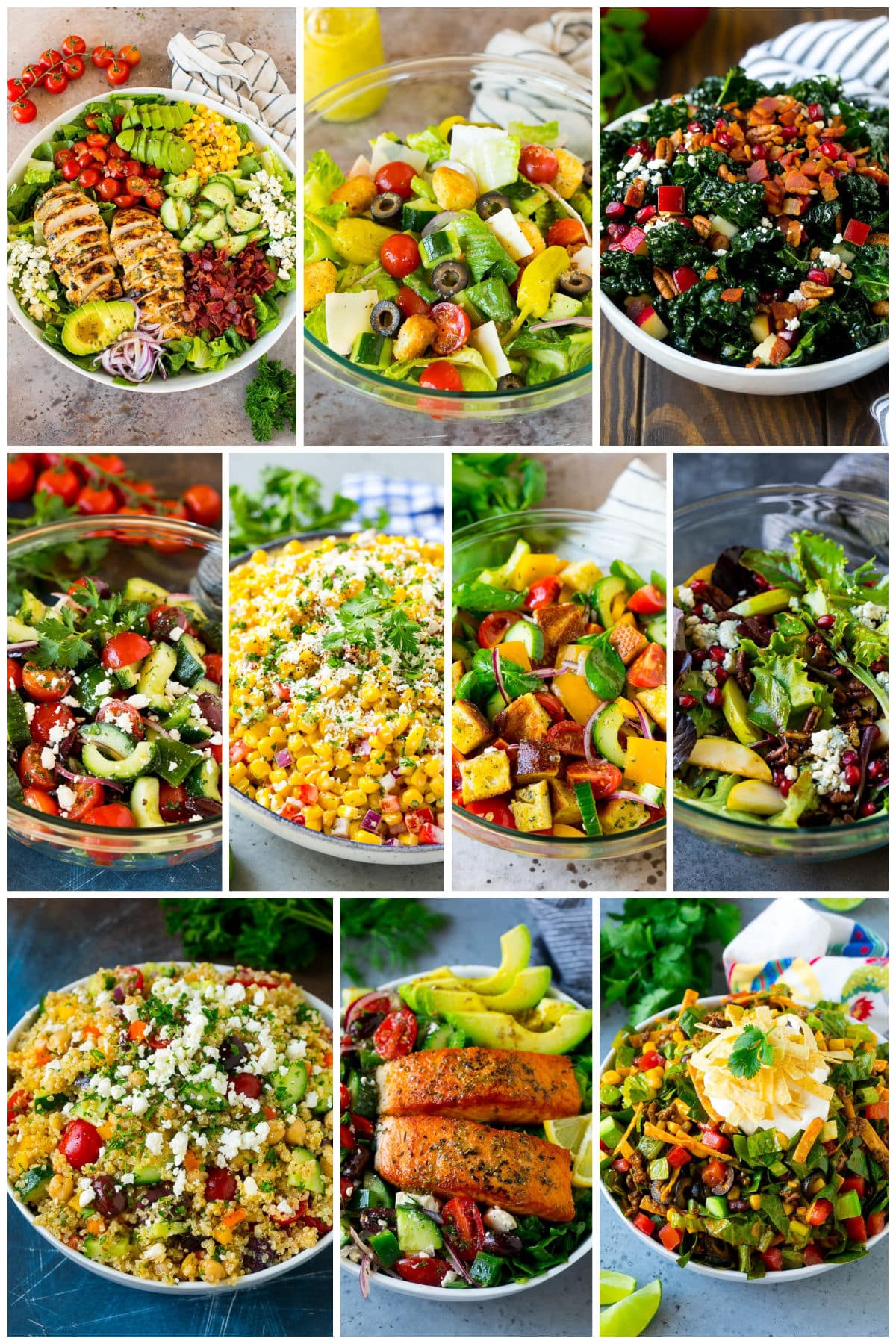 A group of nutritious fresh dishes including taco salad, pear salad and Mediterranean salad.